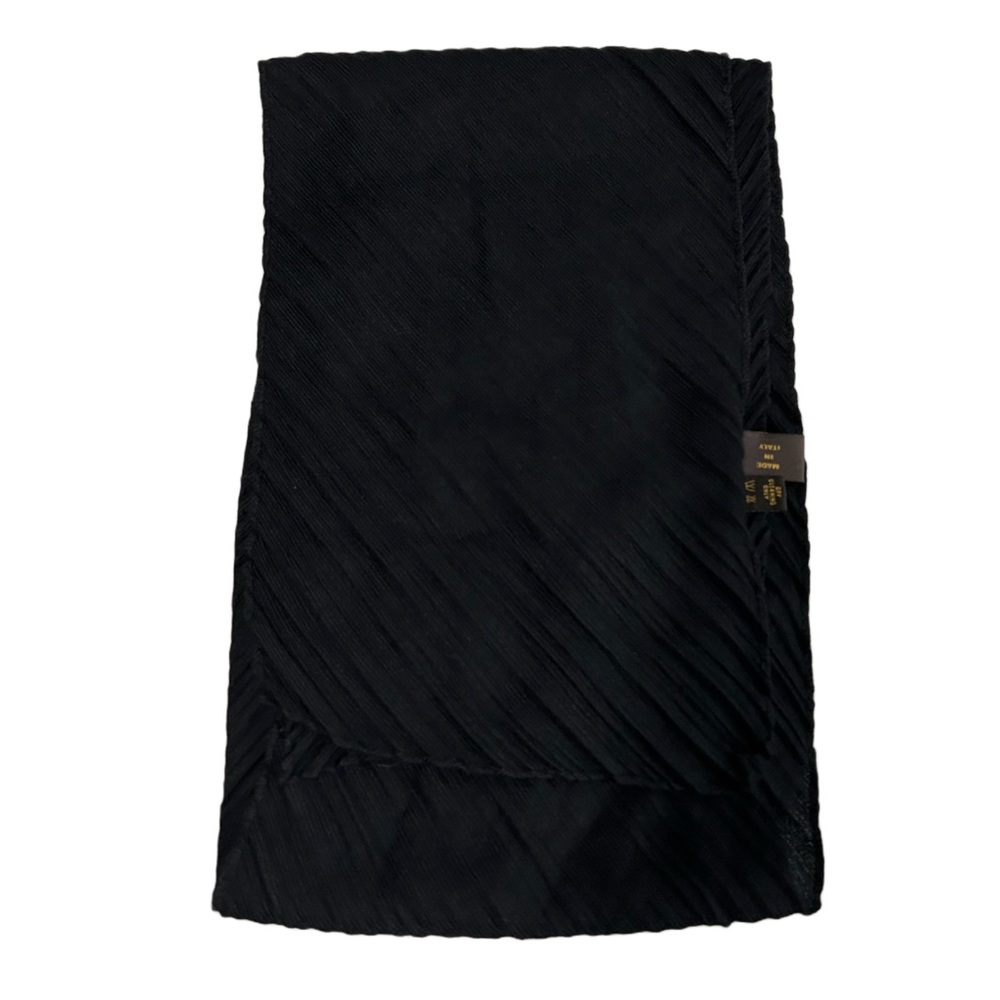 Loro Piana Cashmere/Silk Solid Black Ribbed Pleated Wrap Scarf Shawl Lightweight